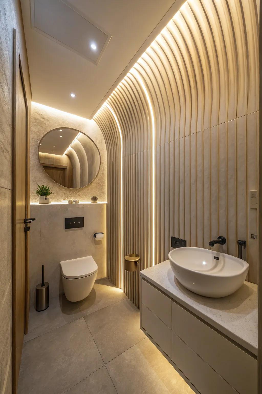 Curved panels in a small bathroom, offering a soft and elegant design.