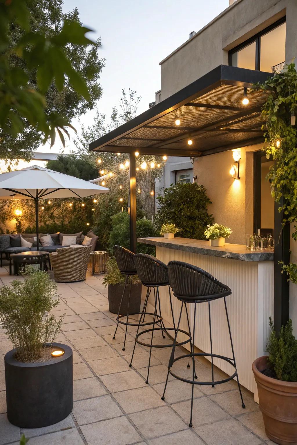 A small patio featuring a chic bar area for entertaining.