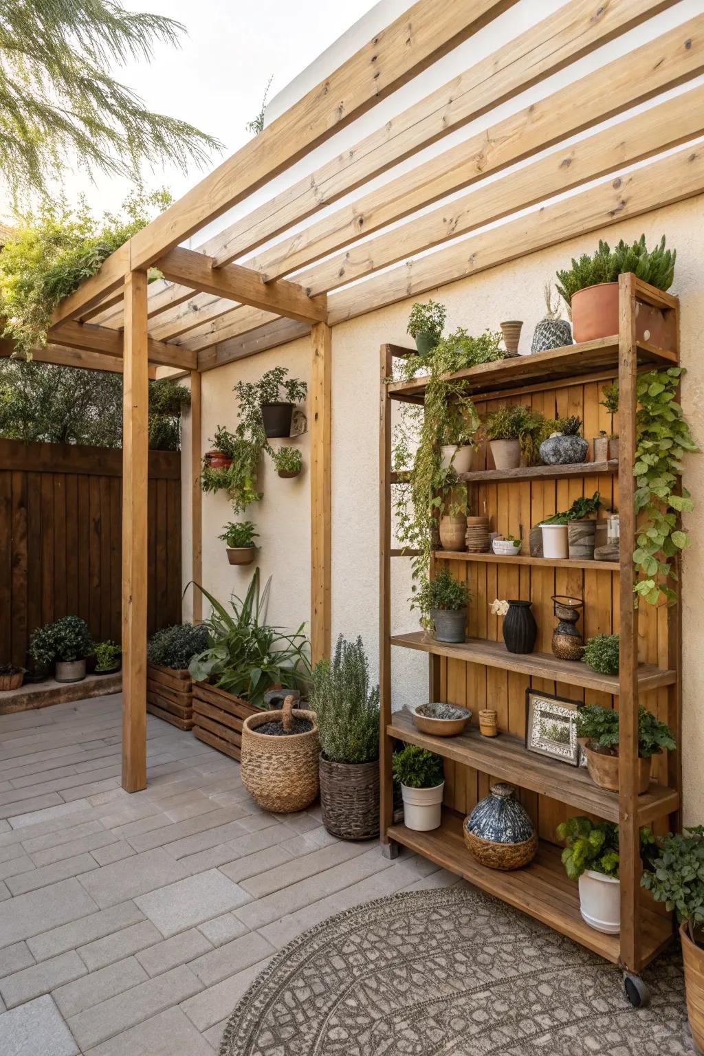 Built-in shelving offers storage and style under a small pergola.