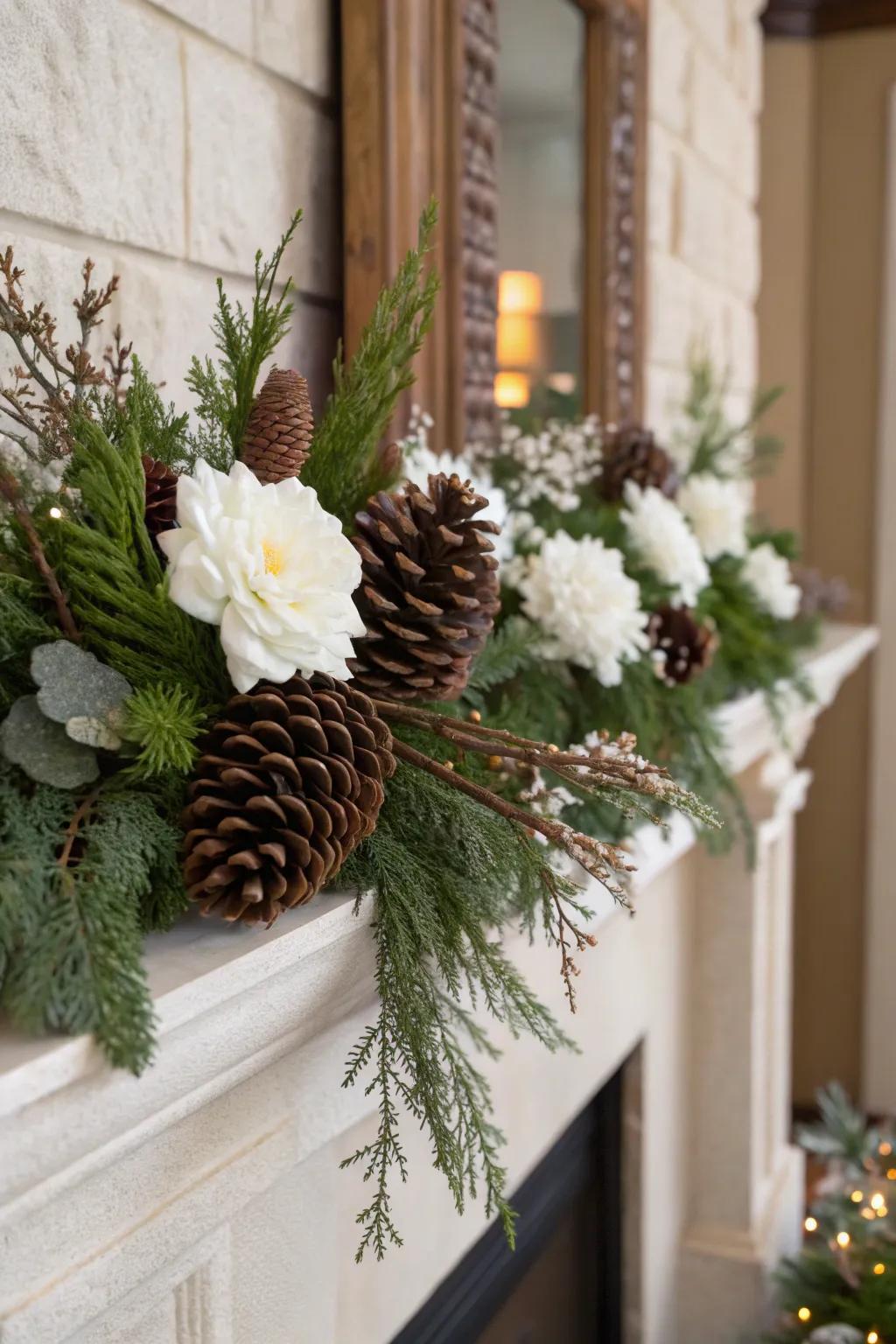 Pinecones and evergreens create a cozy winter wonderland at home.