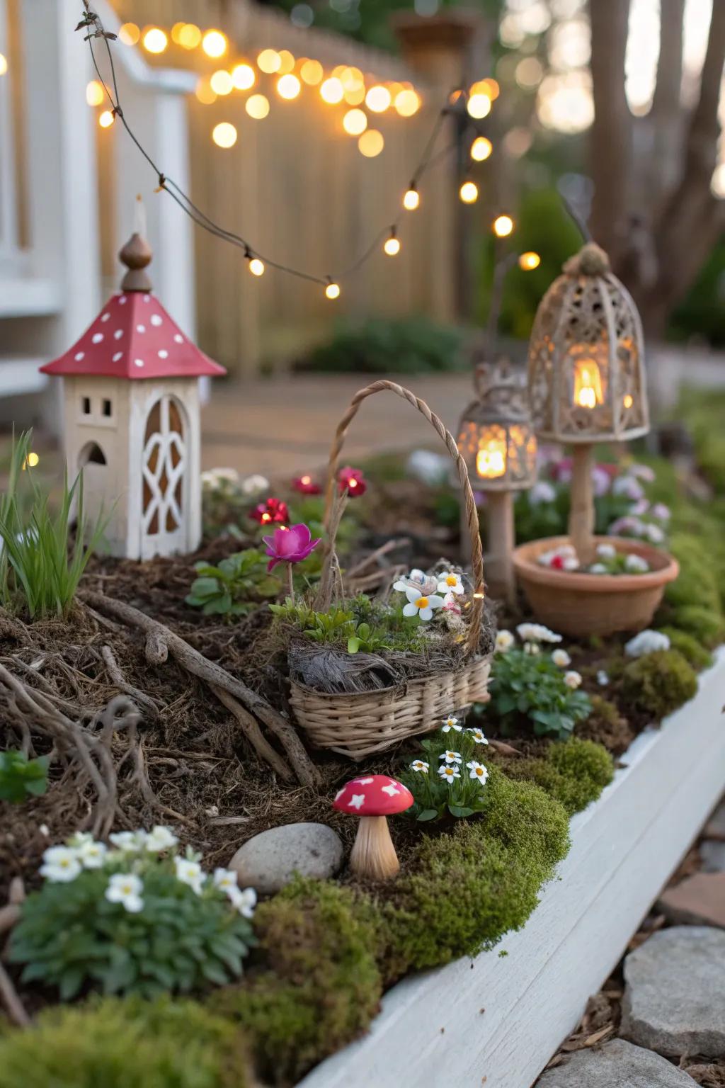 A whimsical fairy garden brings playful magic to borders.