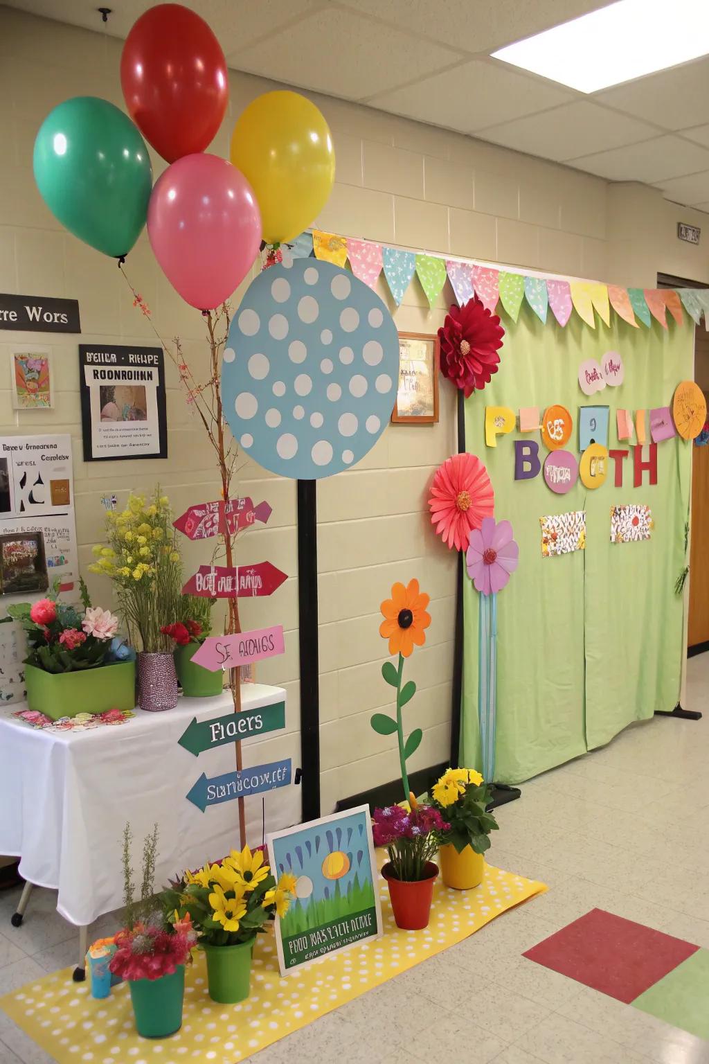 A spring-themed photo booth area in the office for team photos.