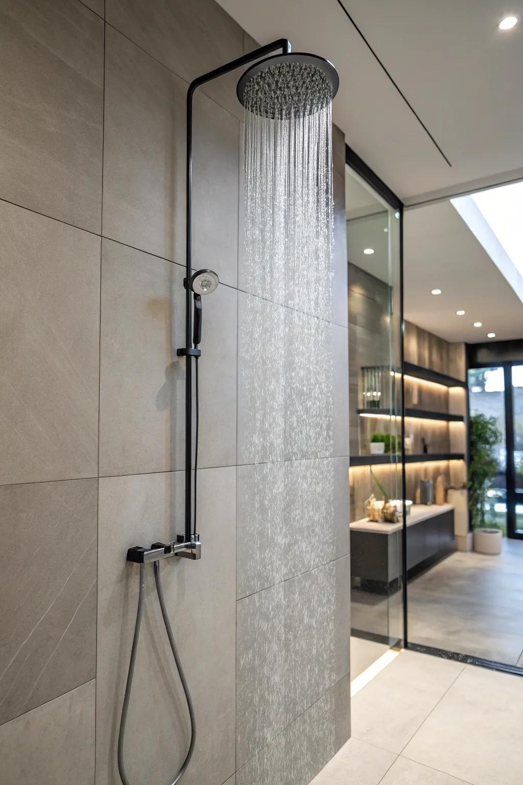 Large tiles create a spacious and seamless appearance in a shower.