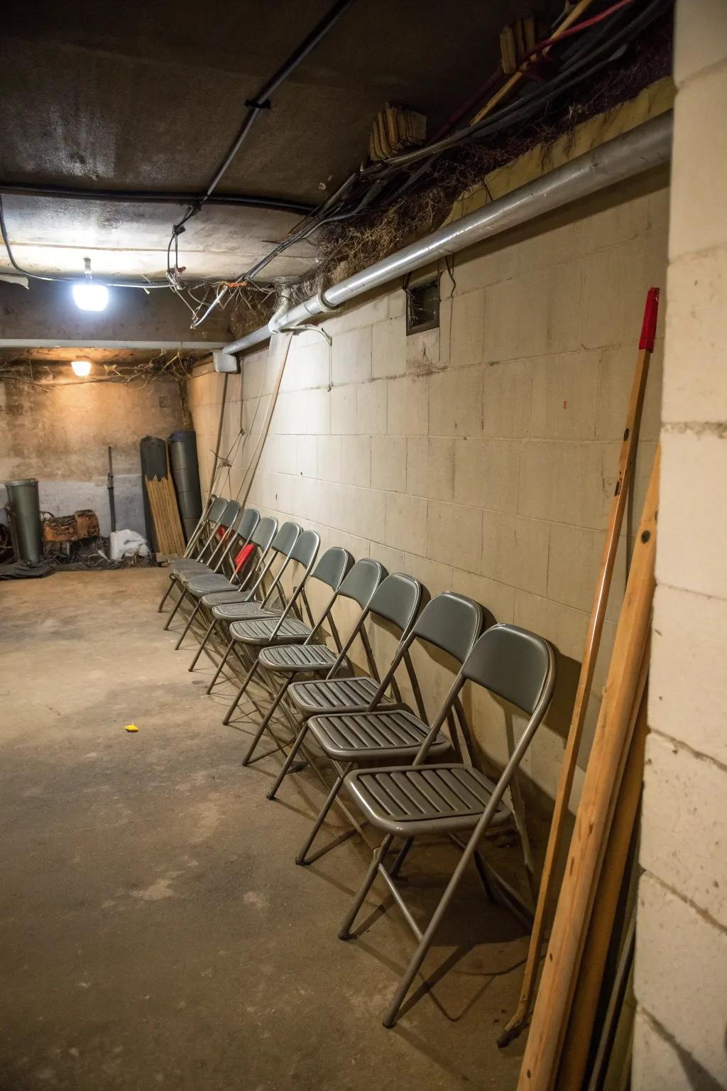 Utilize basement crawl spaces for storing folding chairs securely.