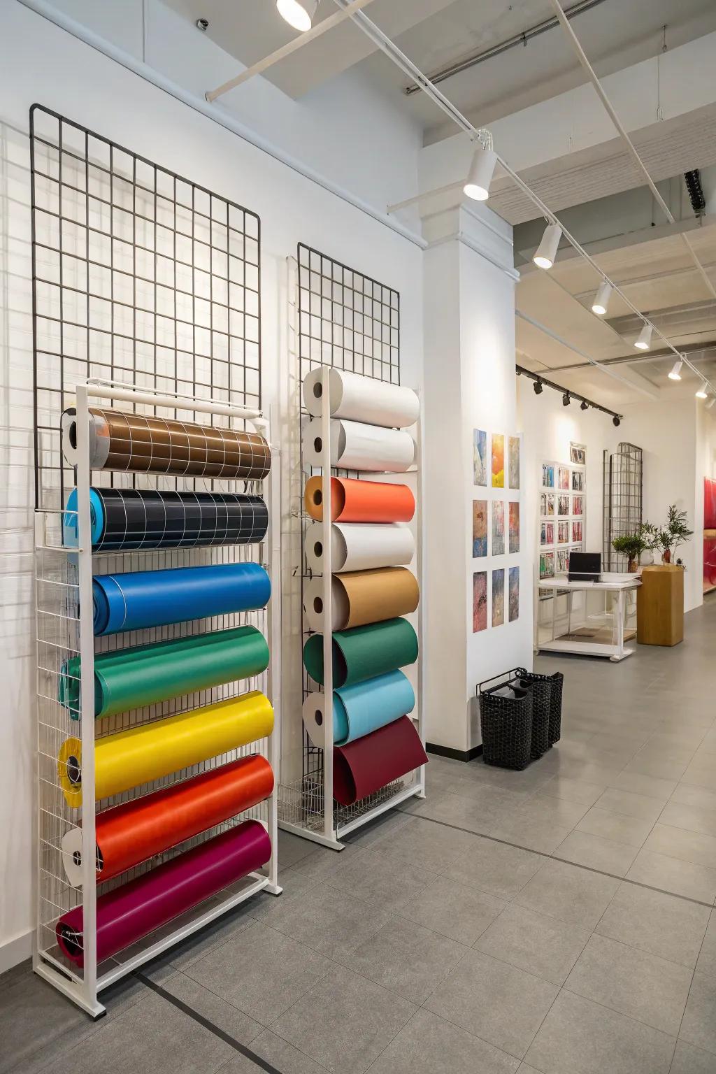 Wire grid panels create a dynamic storage display for vinyl rolls.