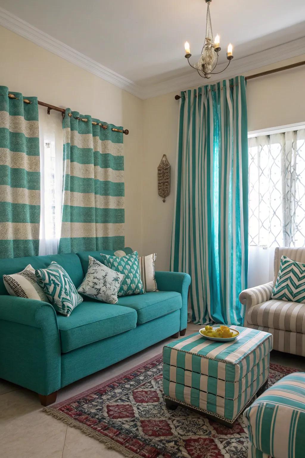 The aesthetic of playful sophistication is embodied by striped patterns in teal and turquoise.