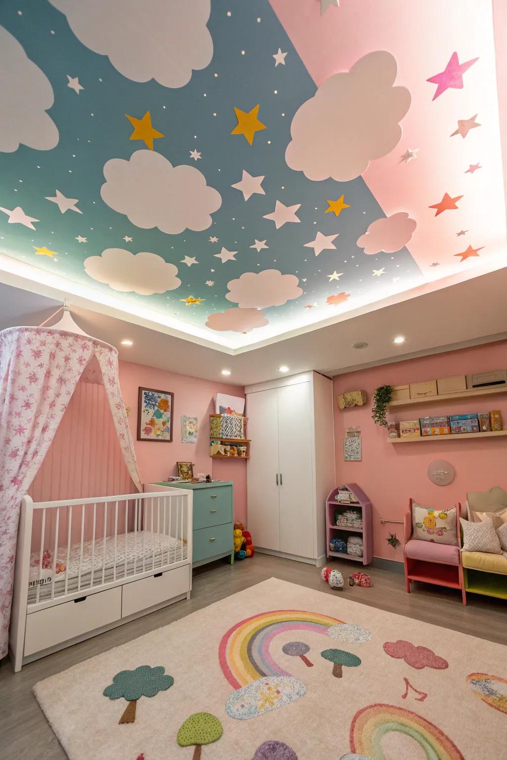 A colorful ceiling mural adds an element of surprise.