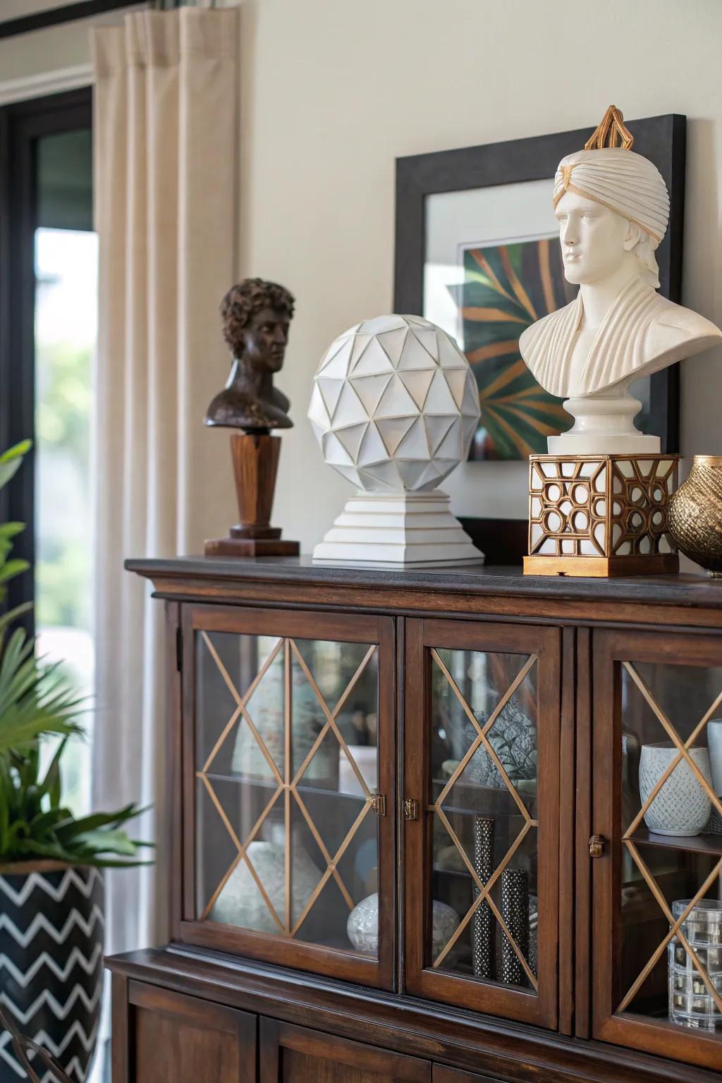 Sculptural accents add a contemporary edge.