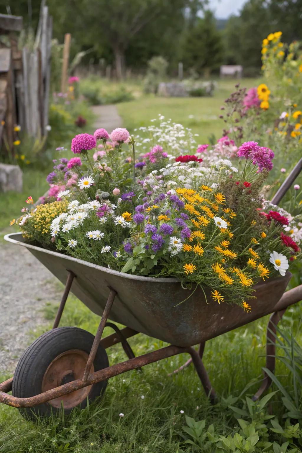 Attract pollinators with a vibrant wildflower wheelbarrow.