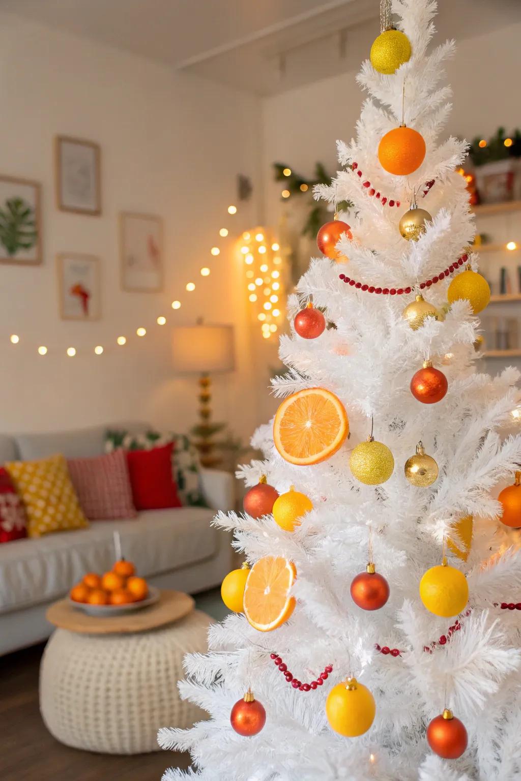 Radiant citrus eruption theme on a white Christmas tree.