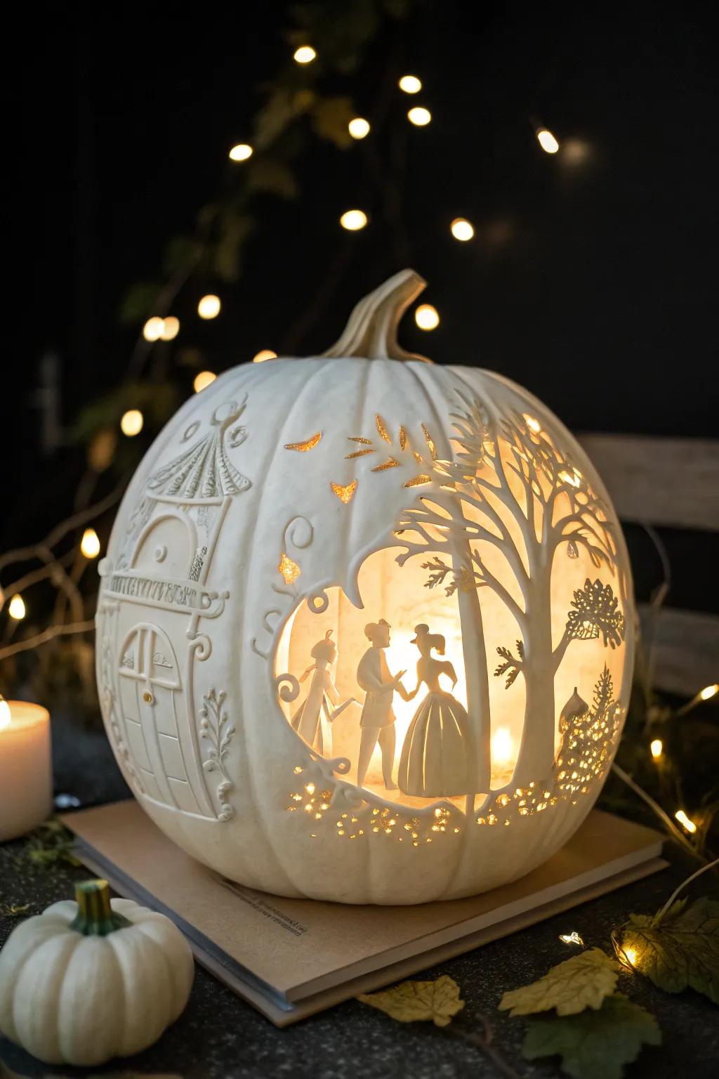 Fairy tale scenes carved into a pumpkin, creating a magical display.