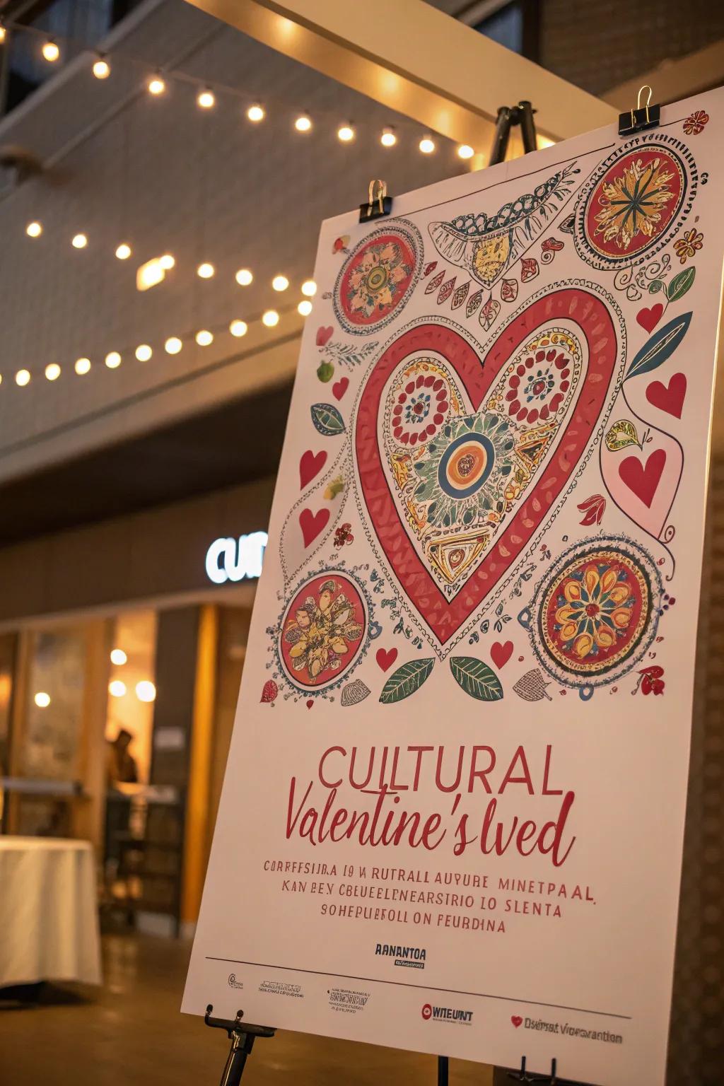 A unique Valentine's poster drawing from cultural inspirations and traditional patterns.