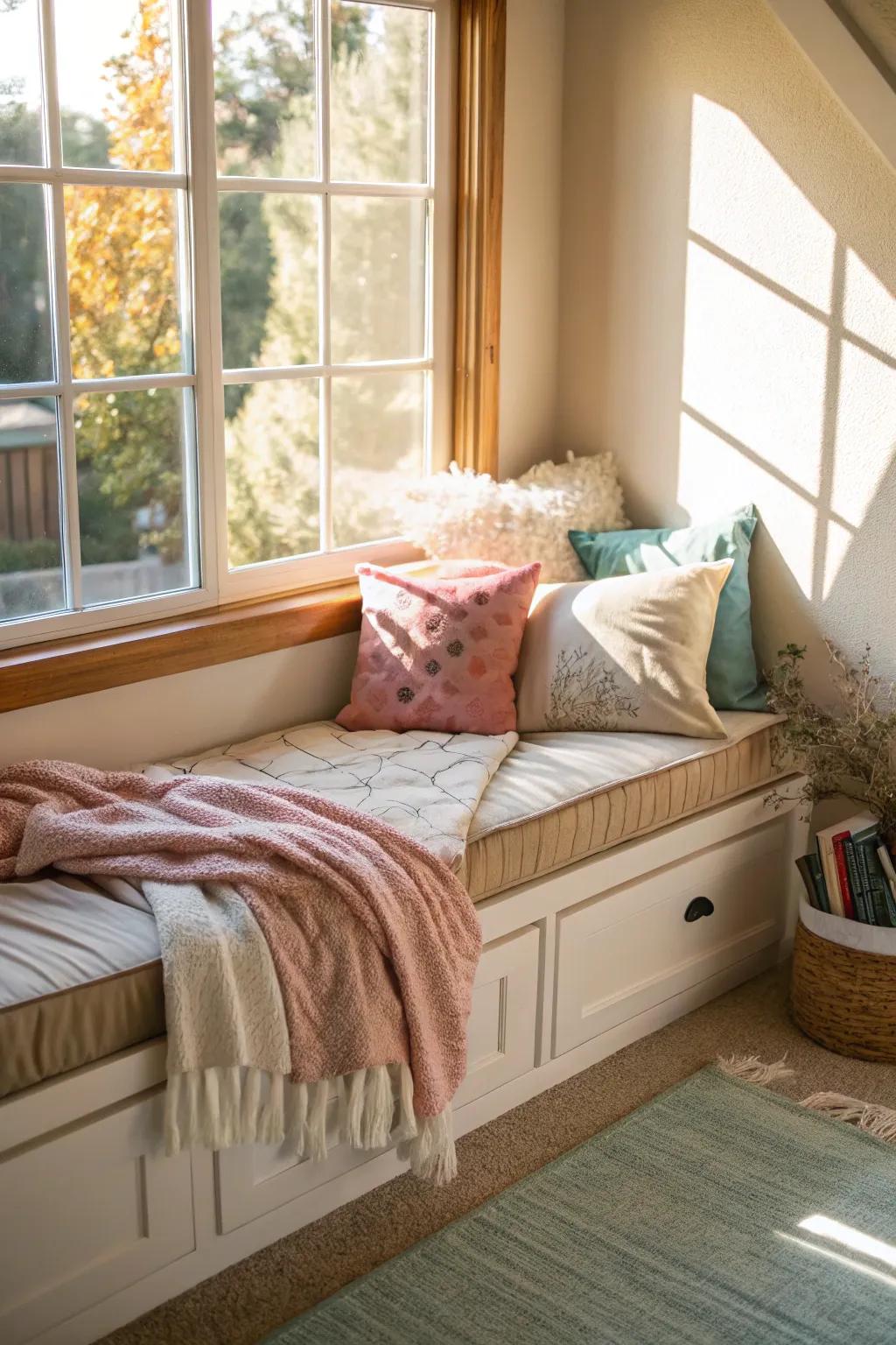 A window seat transformed into a daybed, ideal for relaxation and napping.