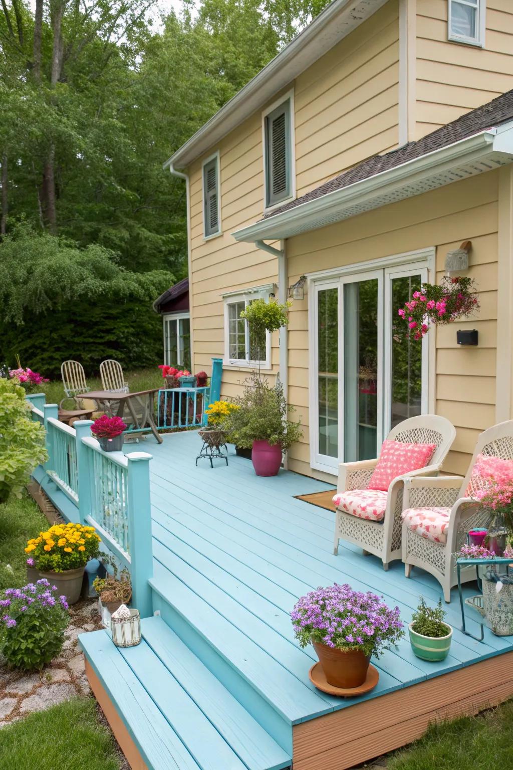 Pastel blue decking adds a playful and whimsical charm to a tan house.