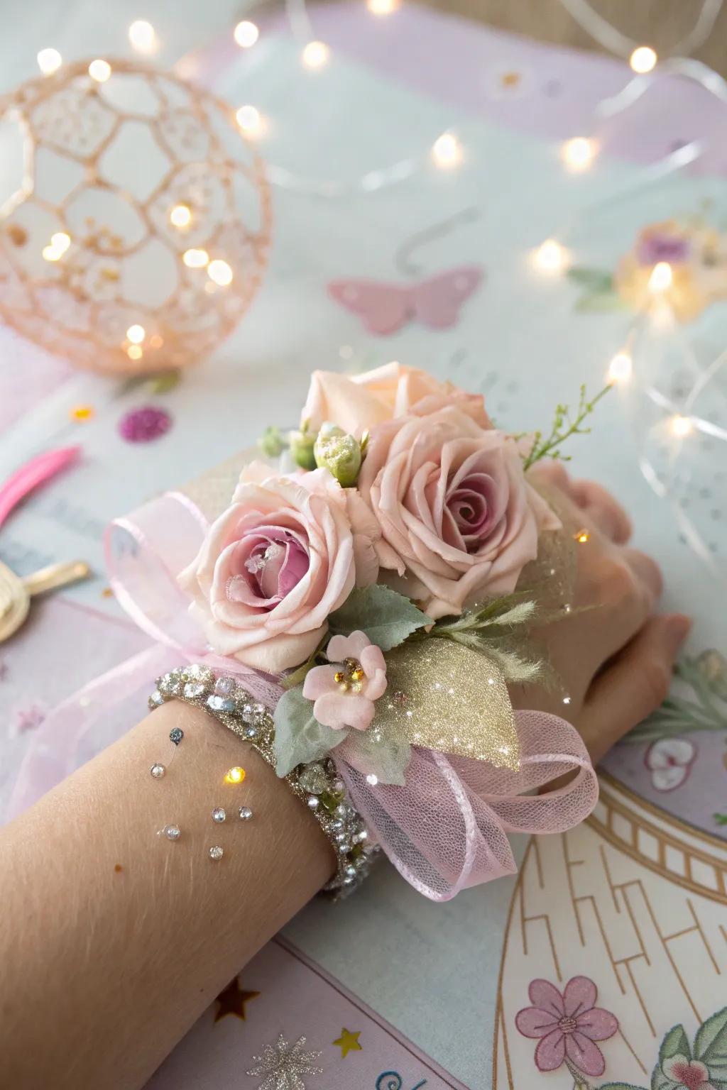 Whimsical wrist corsage with a fairytale fantasy theme.