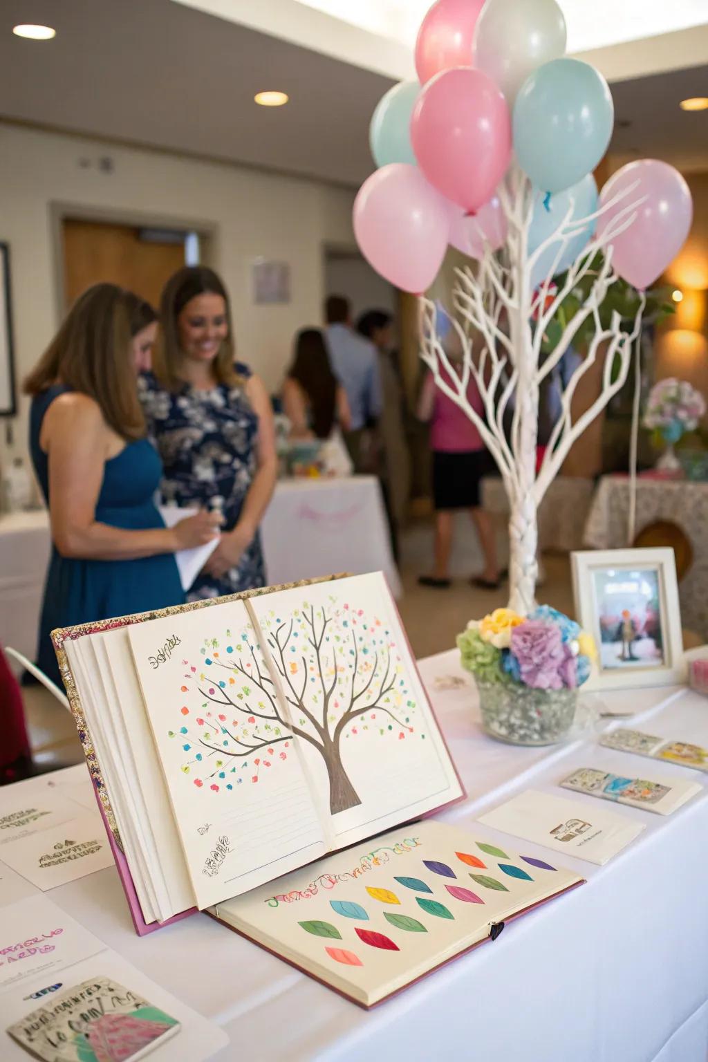 An interactive guest book with a fingerprint tree serves as a cherished keepsake.