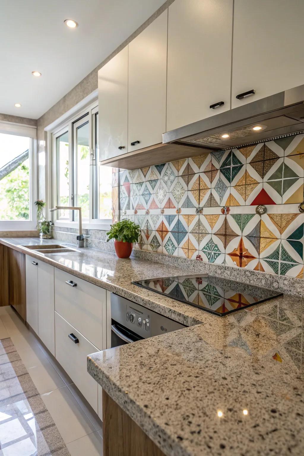 Geometric tiles add playful patterns to granite countertops.