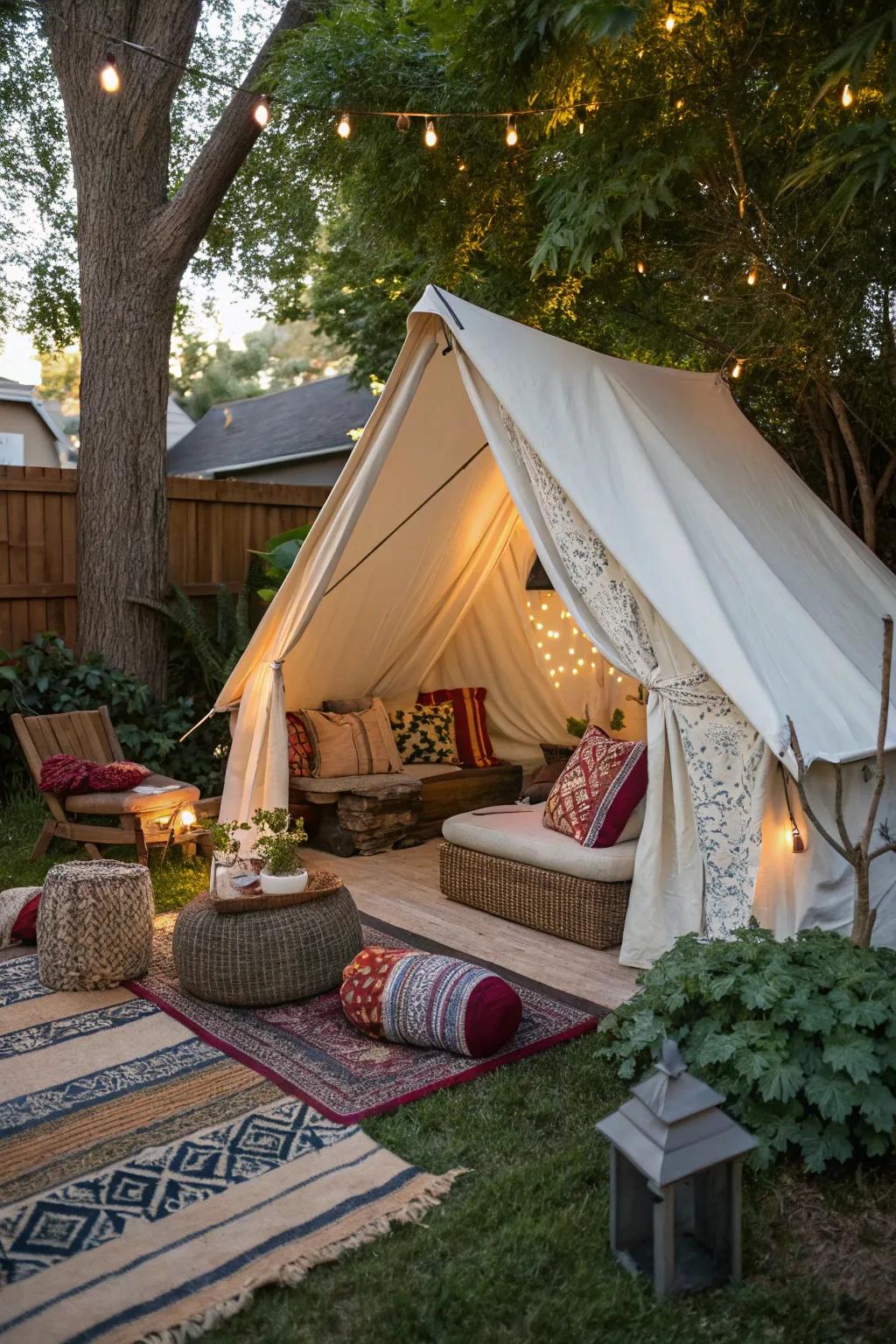 A tented lounge offers a cozy, bohemian retreat in your backyard.