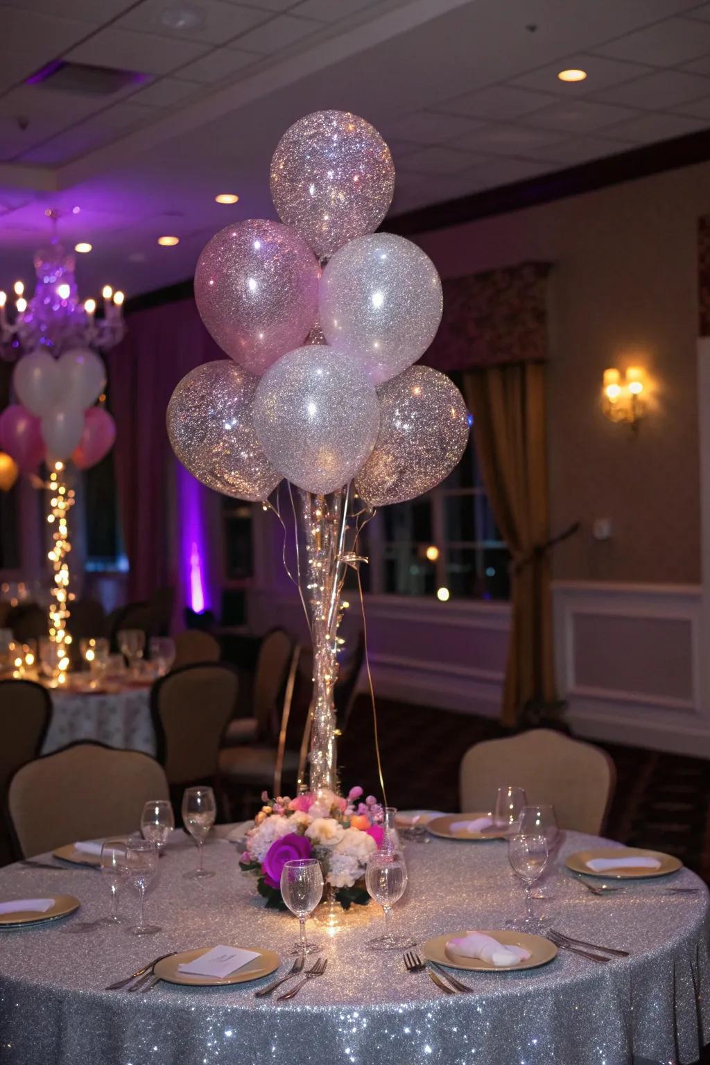 Glitter-coated balloons impart both shimmer and glamour.