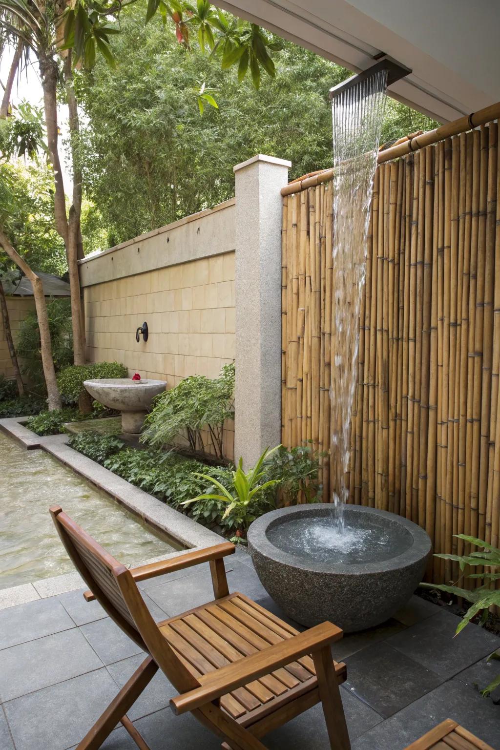 An elegant bamboo rain wall enhancing an outdoor sanctuary.