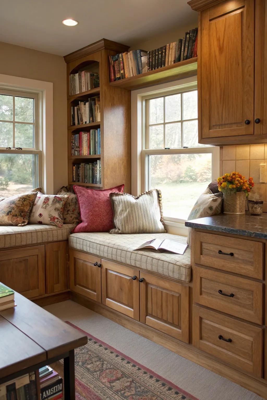 A cozy nook created with base cabinets for relaxation.