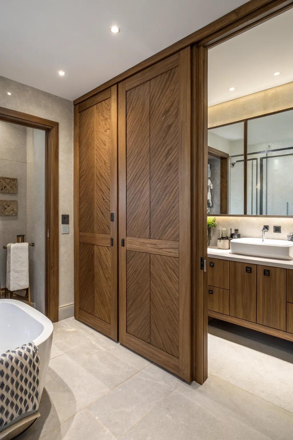 Timber paneling adds elegance to closet panels.