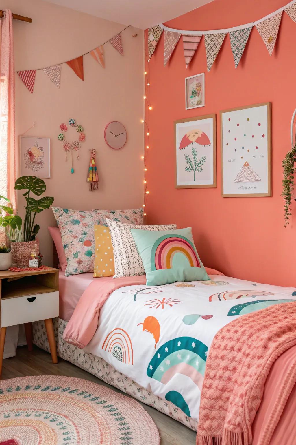 Playful corals introduce energy and fun to your bedroom design.