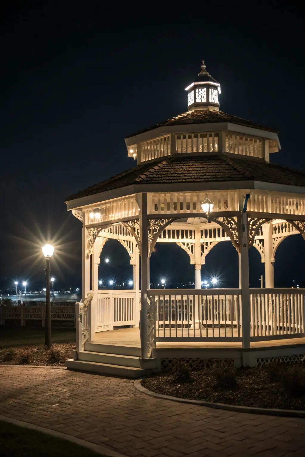 Spotlights accentuate structural attributes, affixing depth and spectacle.