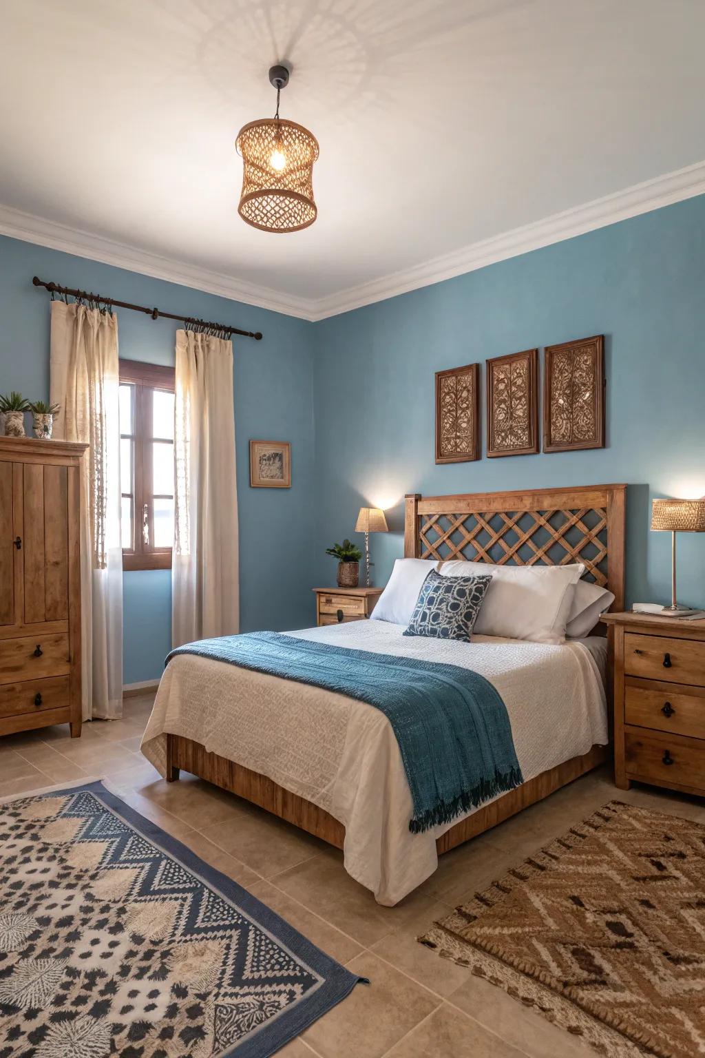 Blue and earthy tones create a cozy atmosphere.