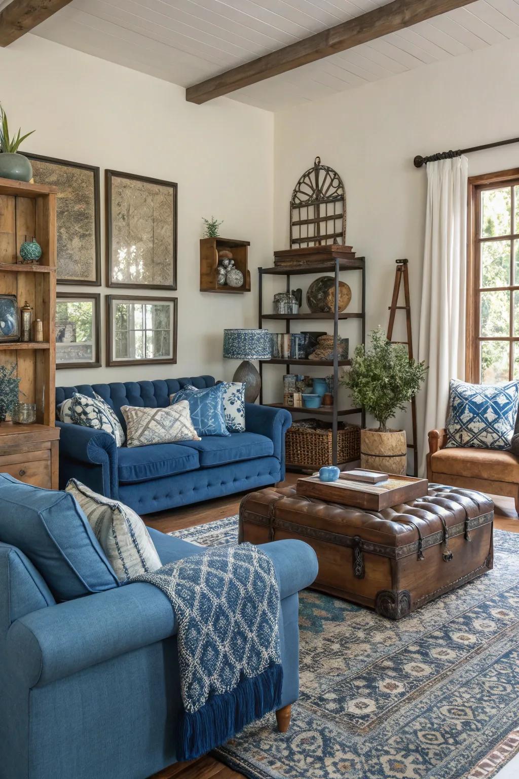 Eclectic blue accents add character and depth to this unique living room.