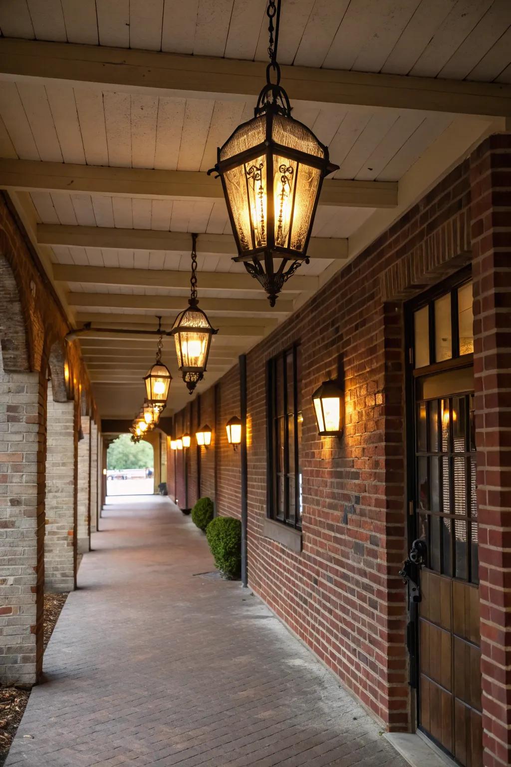 Vintage lantern lighting in the breezeway that adds warmth and style.