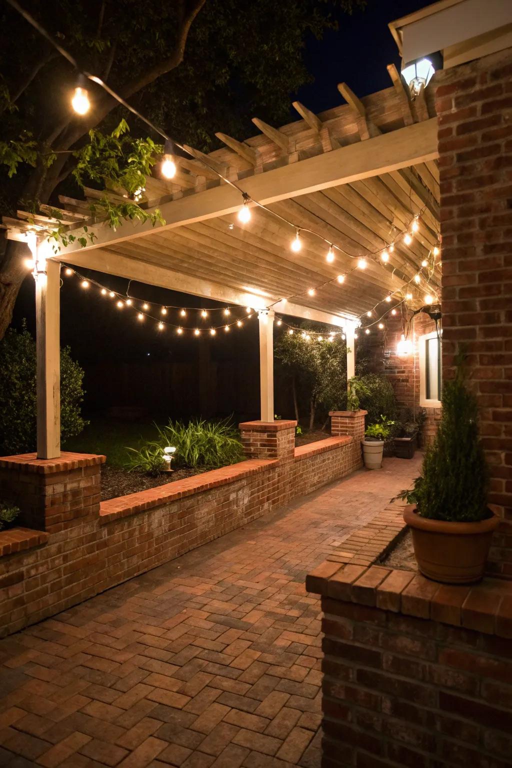 String lights create a magical ambiance in outdoor seating areas.