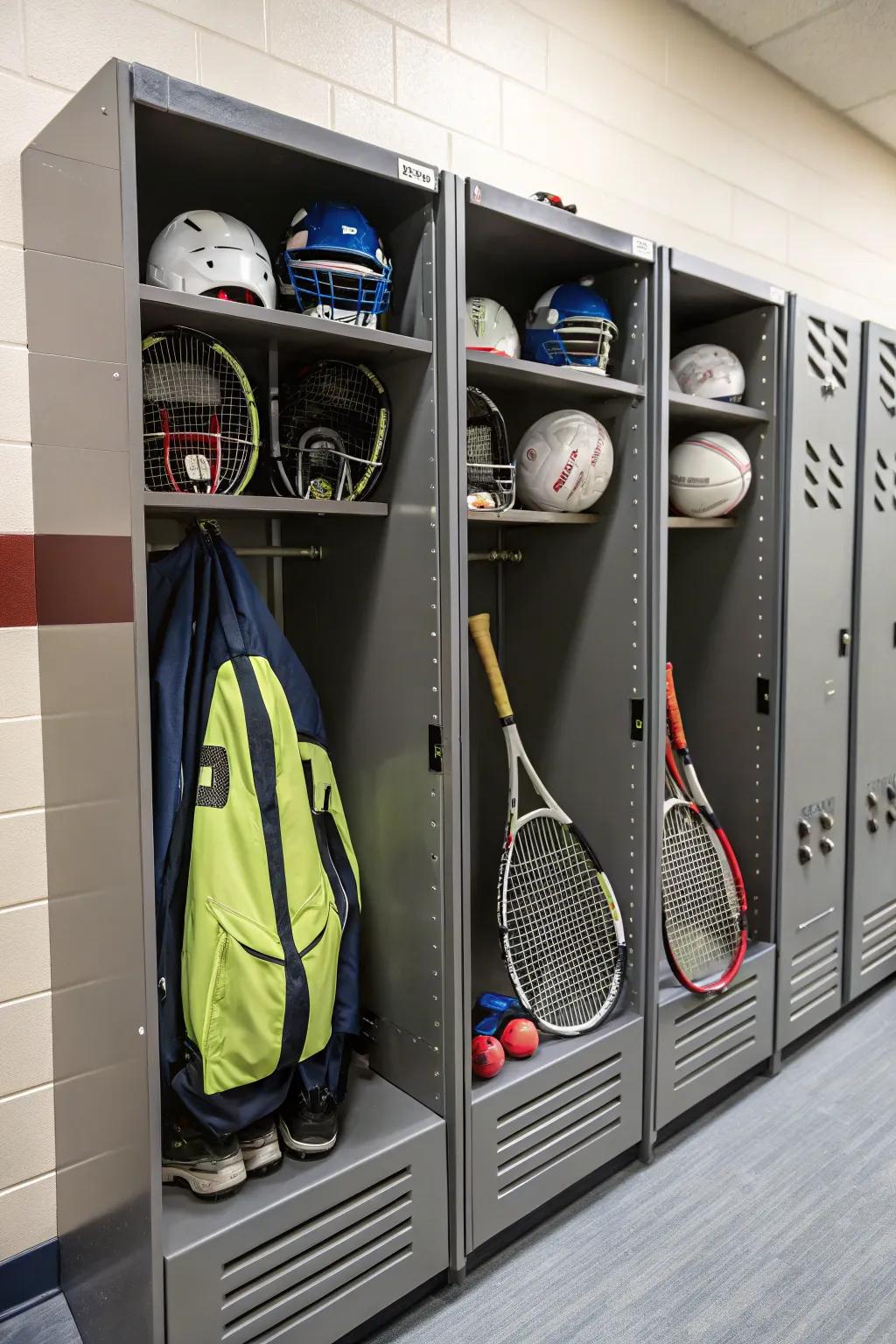 Sports gear organized in dedicated locker space.