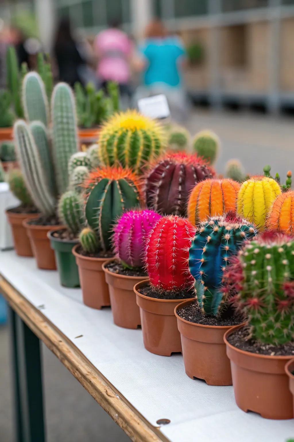 A spectrum of colorful cacti cultivates a lively and dynamic display.