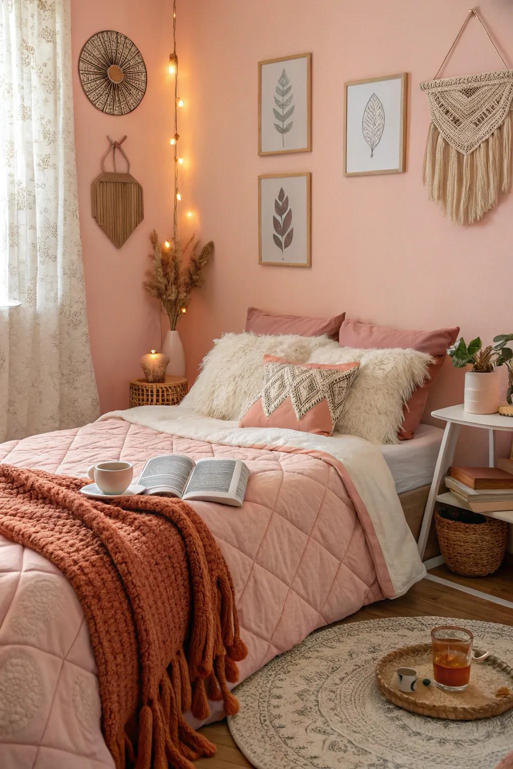 Soft peach walls add warmth and comfort.