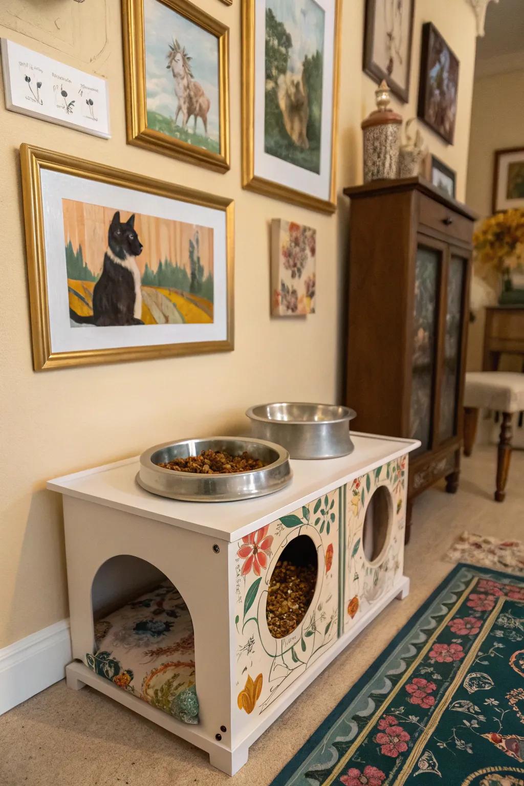 Transform your cat's feeding area into a work of art with custom designs.