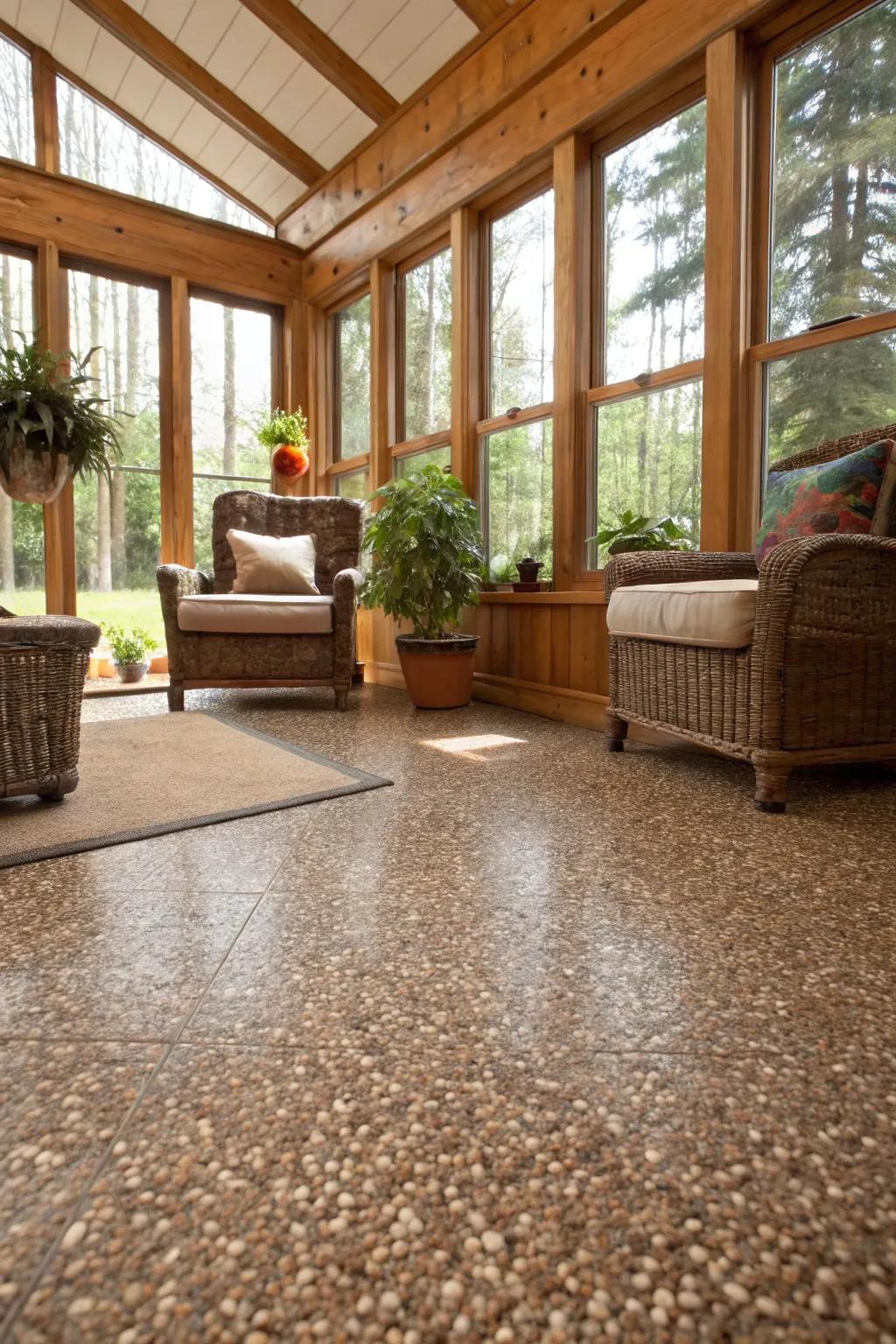 Pebble epoxy flooring adds a natural and unique touch to basement sunrooms.