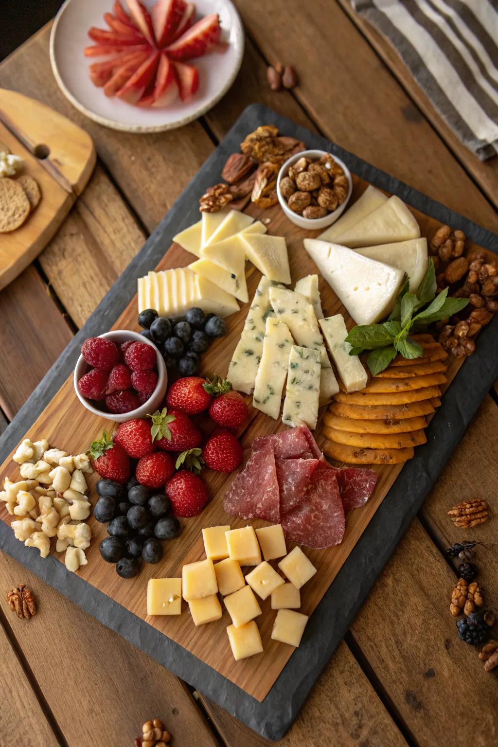 A cheese board with a balanced, symmetrical layout.