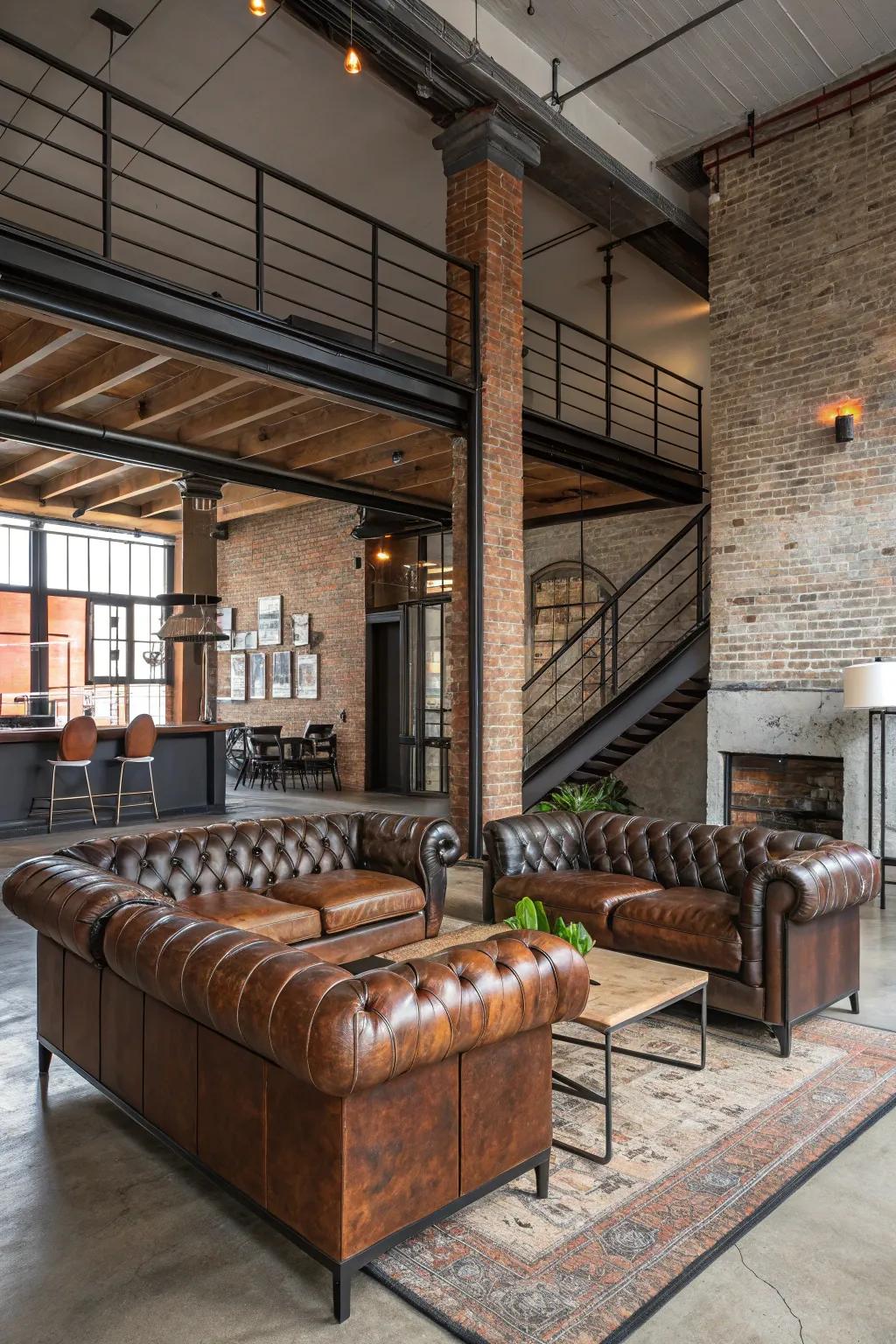 Unexpected materials like leather and metal add a unique twist to this loft.