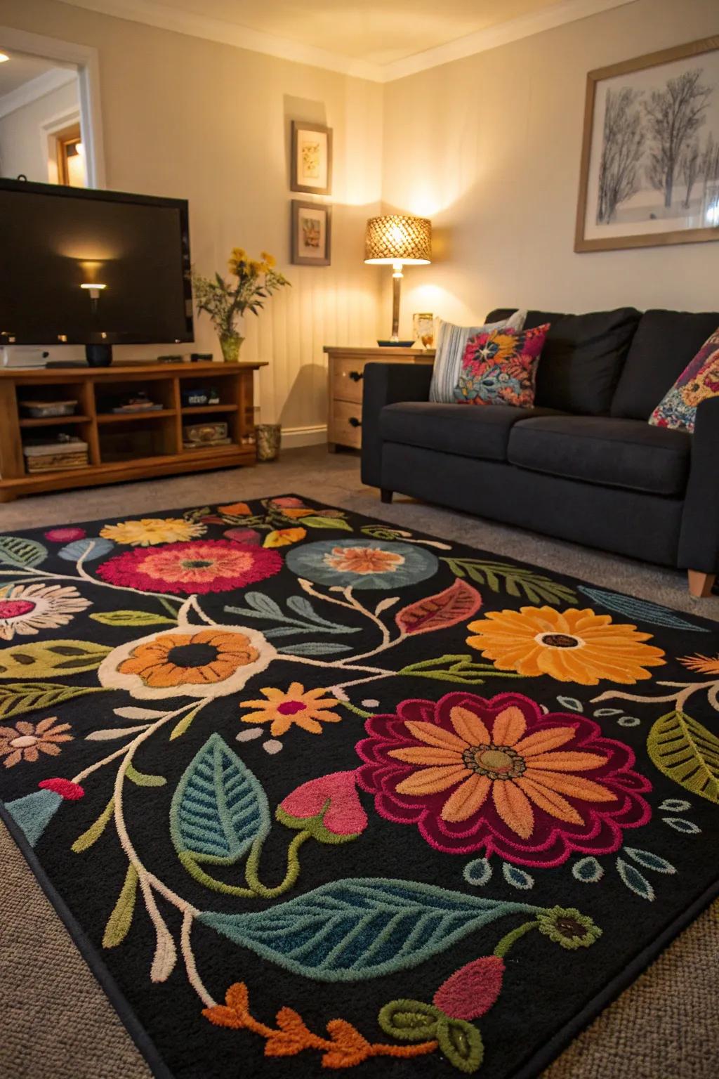 Artistic rugs add character to a dark carpeted room.