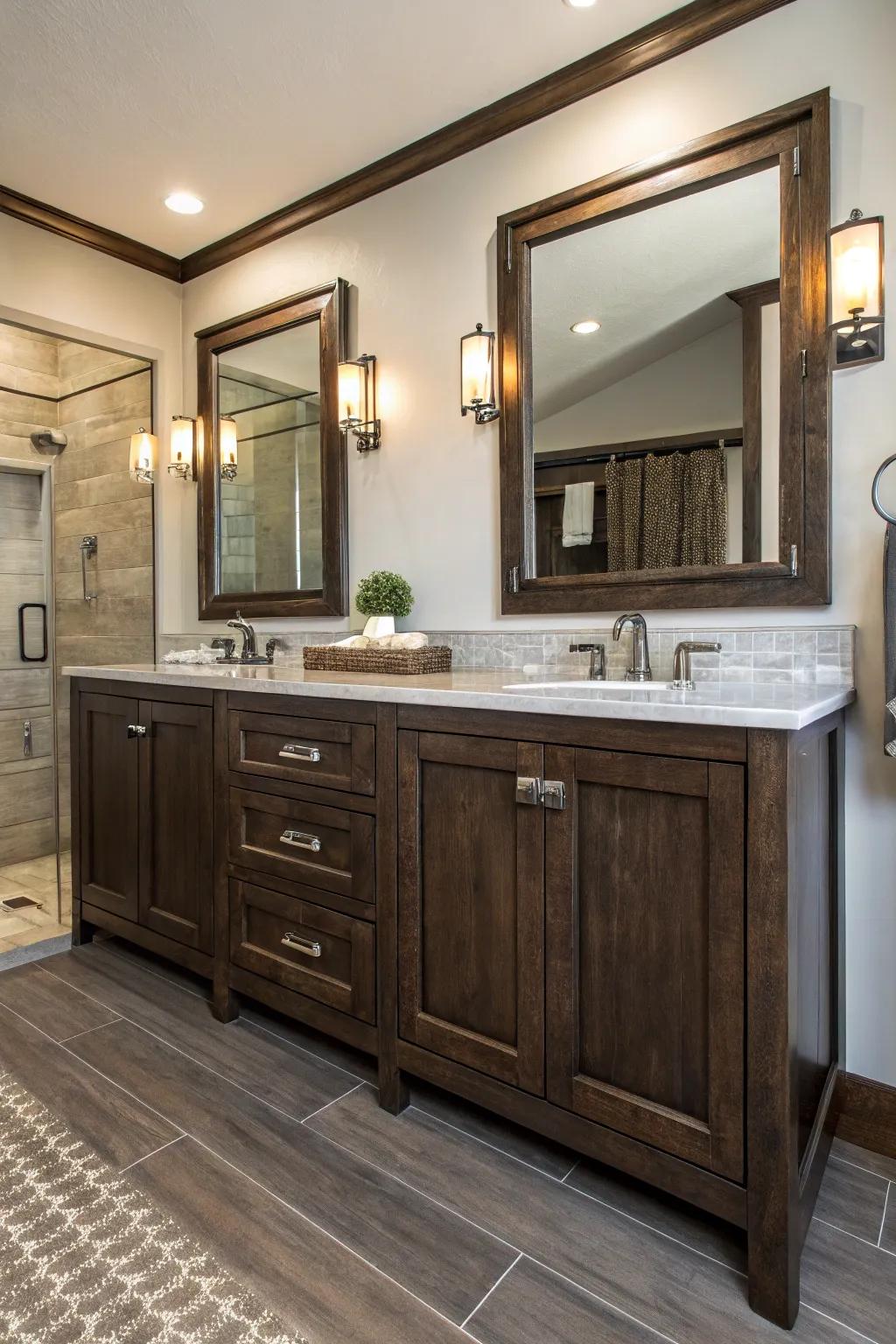 Metallic features add a glamorous touch to the dark wood components.