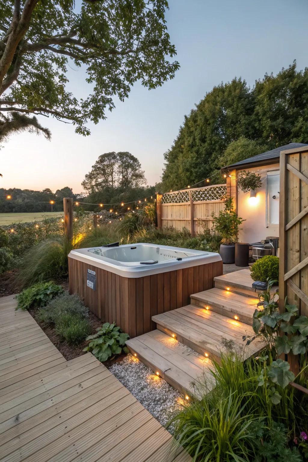 An eco-friendly hot tub oasis using sustainable materials.