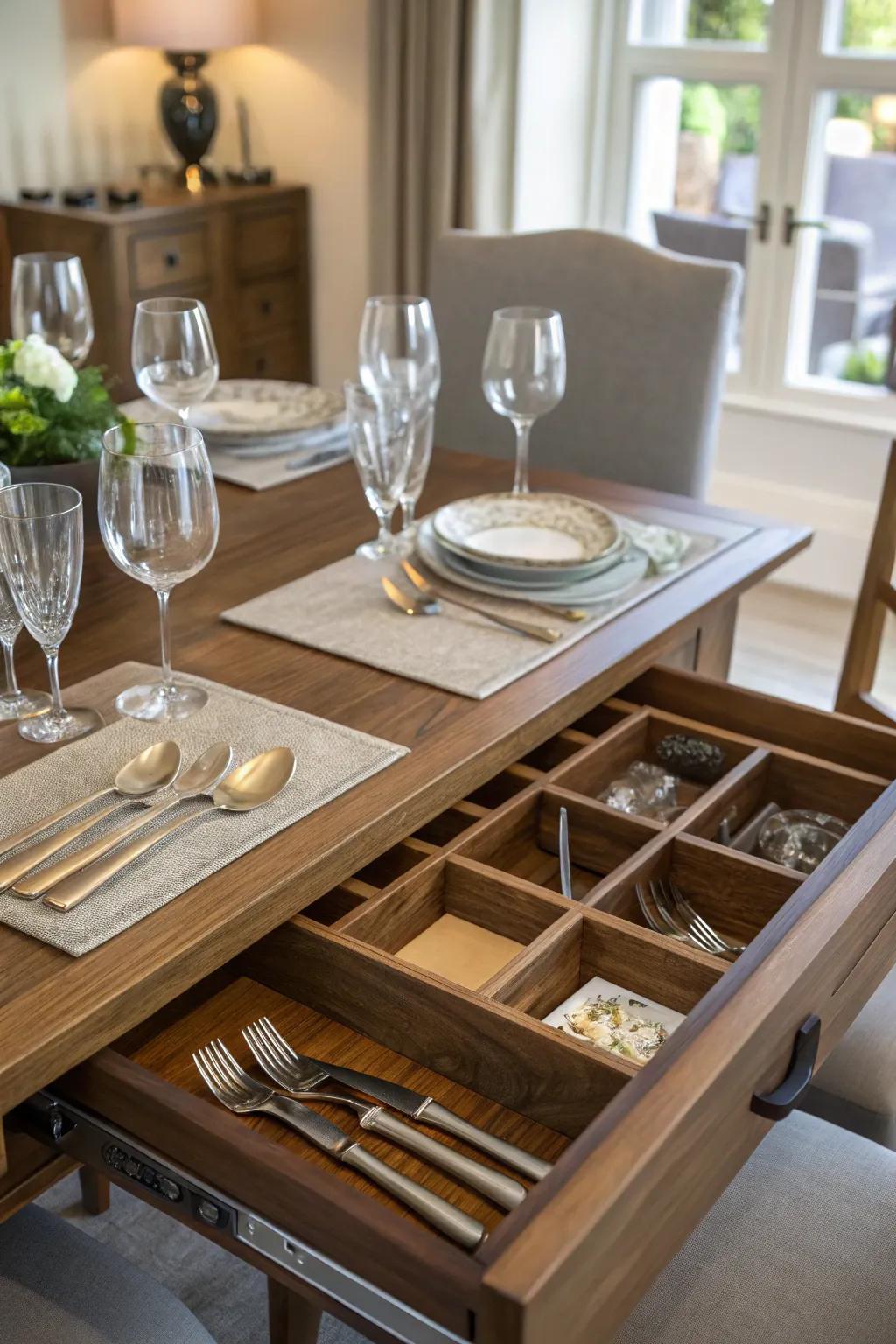 Hidden compartments add a fun and practical element to your dining room storage.