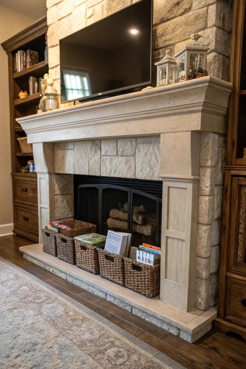 Add functionality with hidden storage in your fireplace.