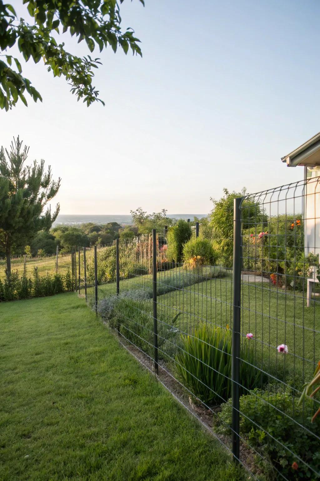 Wire fencing offers a minimalist design that showcases the garden.