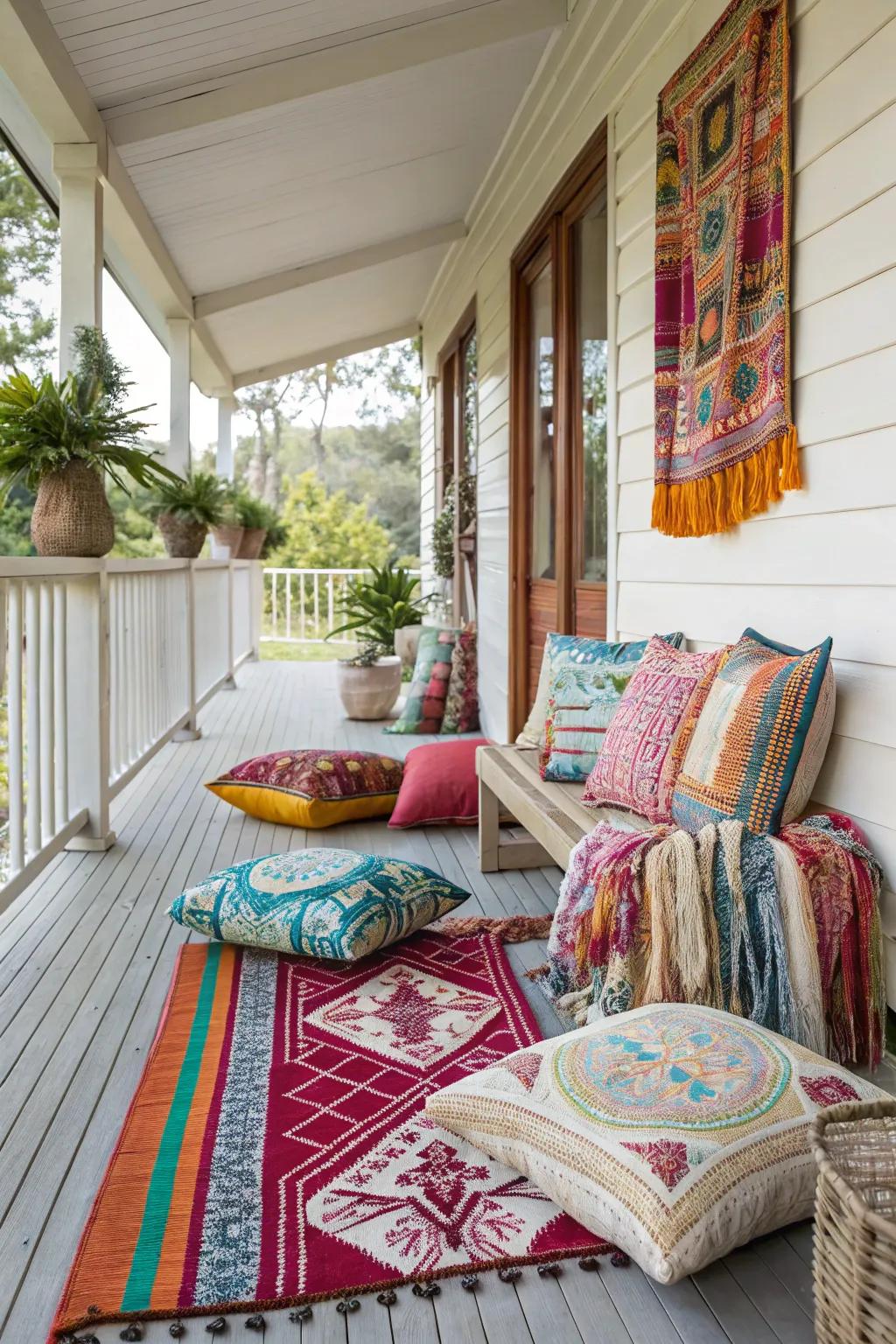 An assortment of chromatic textiles and cushions embellish a front porch.