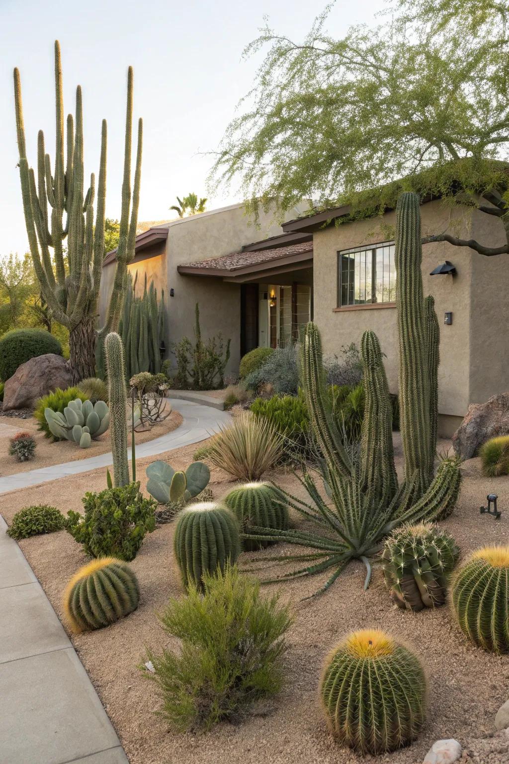 Cacti offer striking forms and minimal water needs.