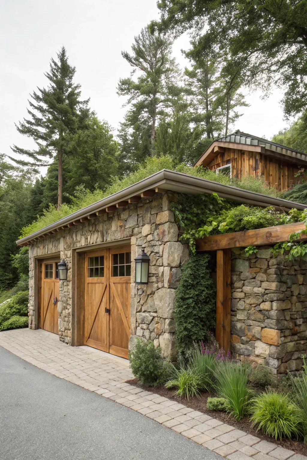 A garage that blends seamlessly with nature using stone and wood.