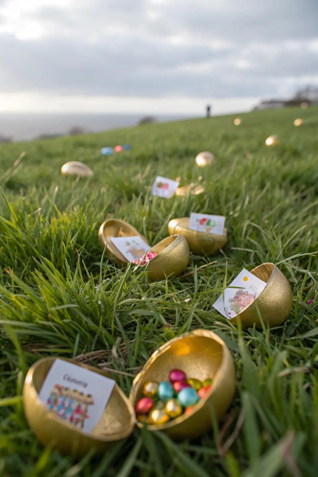 Golden eggs filled with surprises add excitement to Easter hunts.