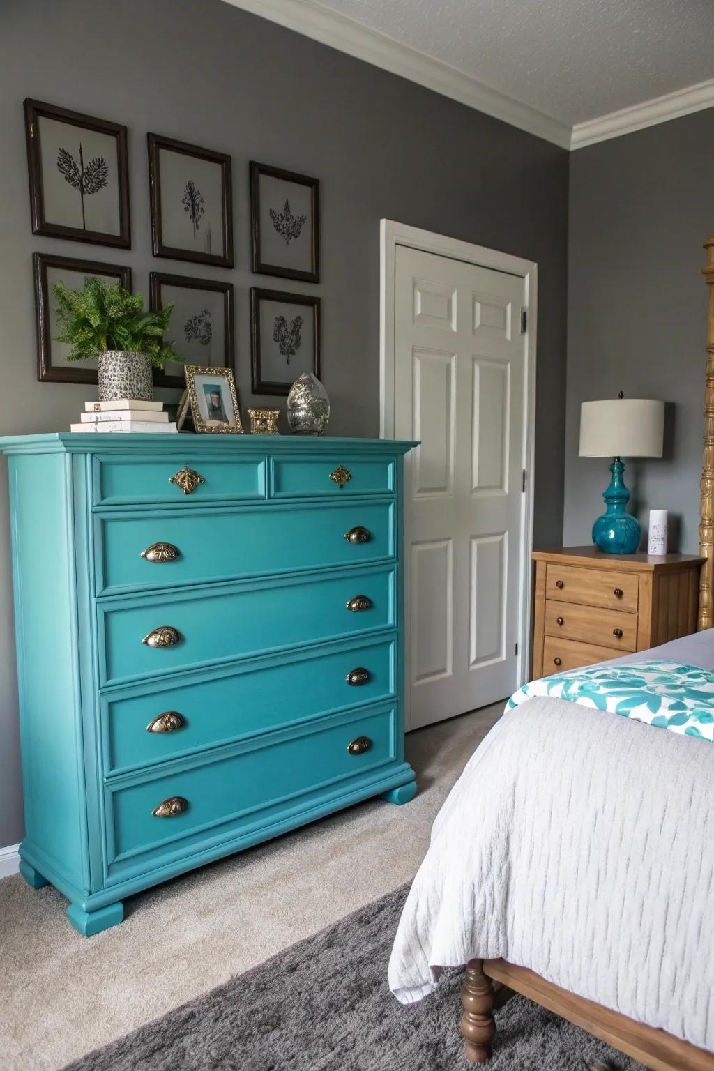 A custom-painted dresser offers a bold and personalized touch.